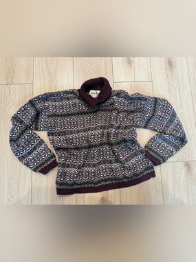 Eddie Bauer Maroon and Green Fair Isle Turtleneck Sweater